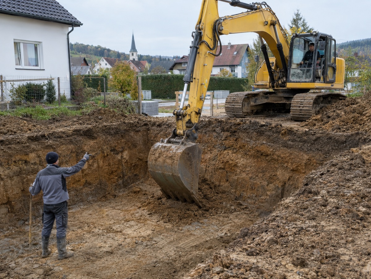Bagger hebt Baugrube aus