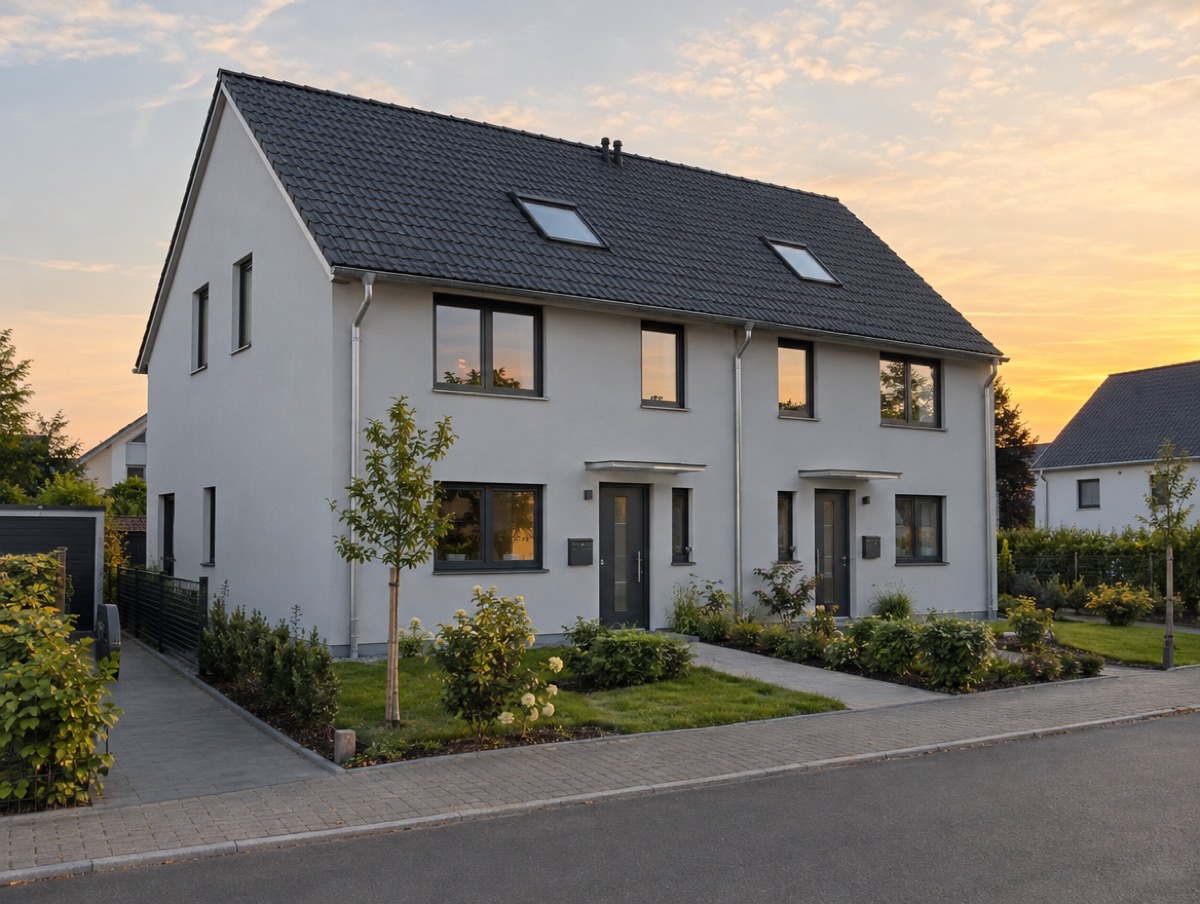 Fertiges Doppelhaus im Abendlicht