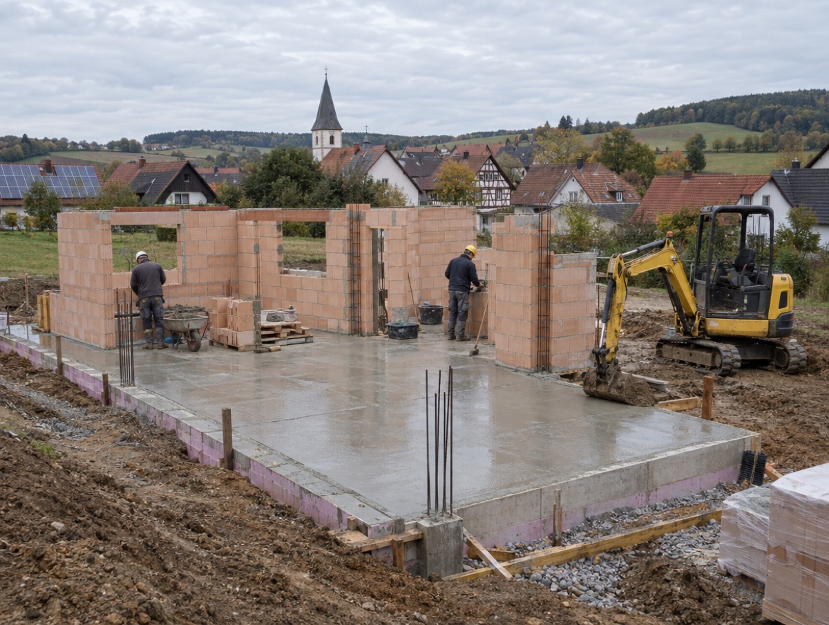 Rohbau eines Einfamilienhauses mit Bodenplatte