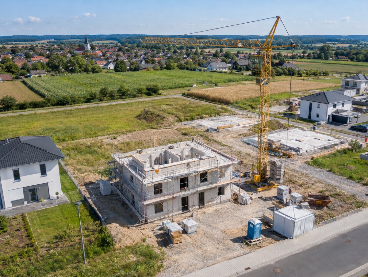 Rohbau mit Kran im Neubaugebiet, Luftaufnahme