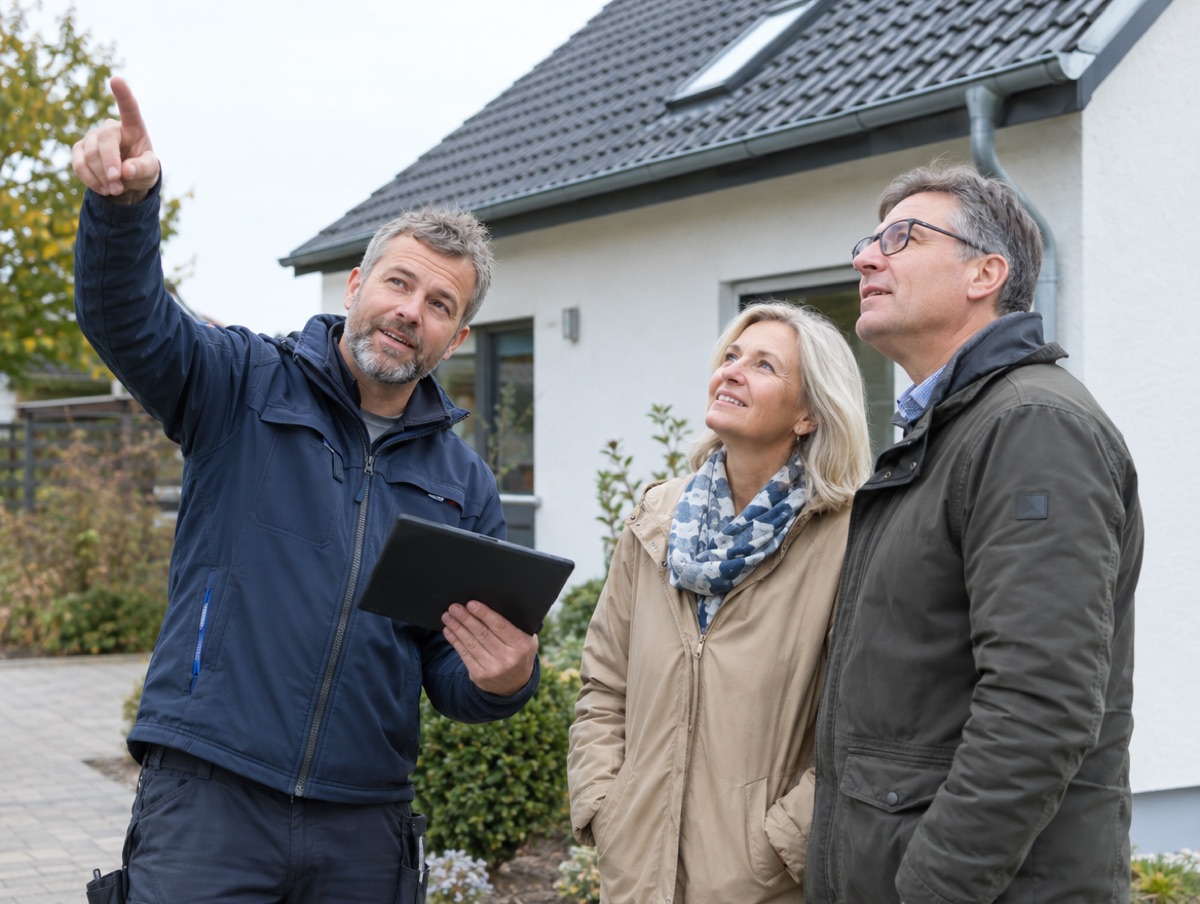 Dachdecker berät Ehepaar vor dem Haus