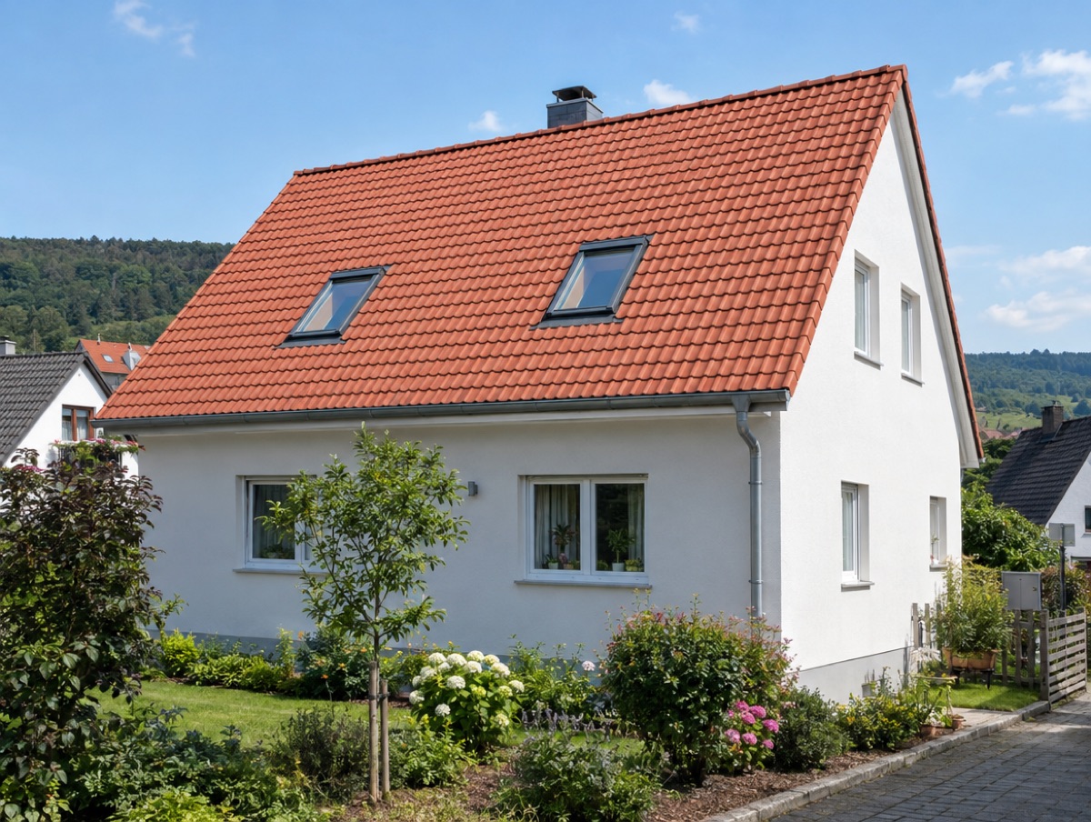 Rotes Ziegeldach mit Dachfenstern