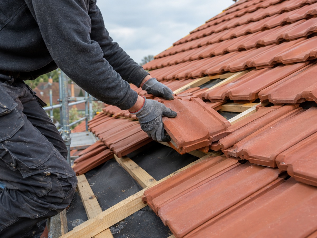 Dachdecker legt neue rote Tonziegel